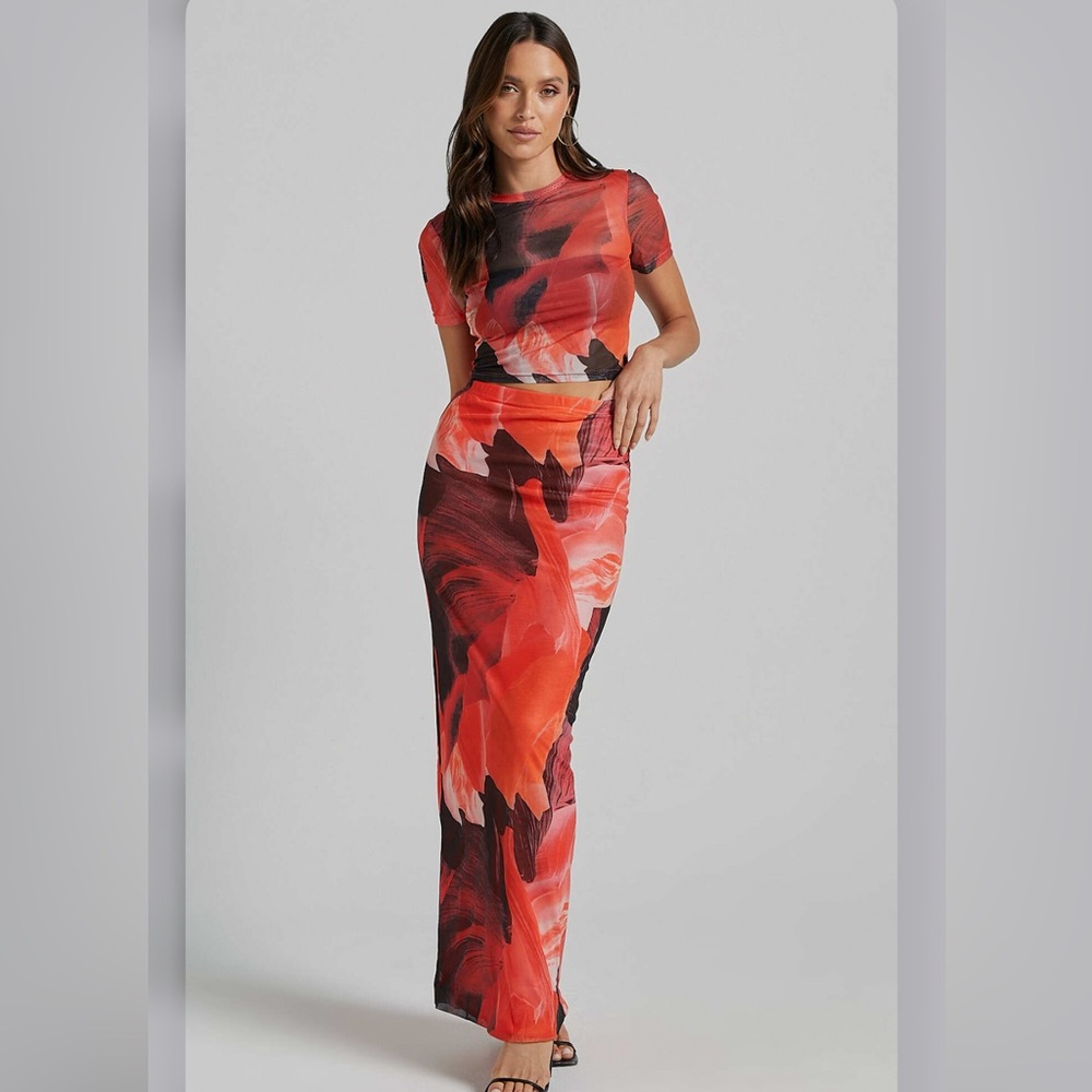 Showpoo cropped sheer patterned top with matching long skirt
